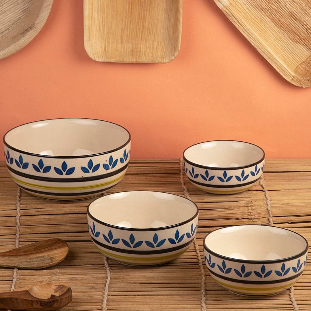 HS Hindustani Saudagar Blue Leaf Handpainted Serving/Snack/Mixing Bowl Set of 4 (1000 ML, 750 ML, 500 ML and 350 ML)
