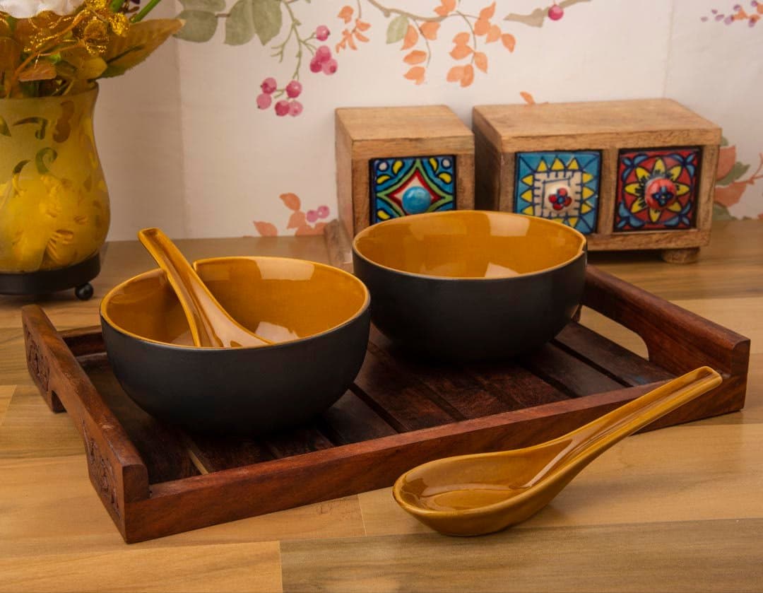 HS HINDUSTANI SAUDAGAR Ceramic Contemporary Hand Glazed Soup Bowls with Spoons, Set of 2 (Matt Black)