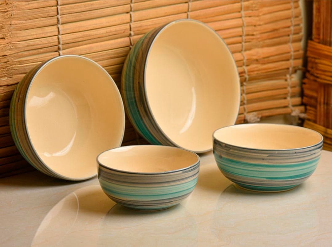 HS Hindustani Saudagar Sea Green Handpainted Serving/Snack/Mixing Bowl Set of 4 (1000 ML, 750 ML, 500 ML and 350 ML)
