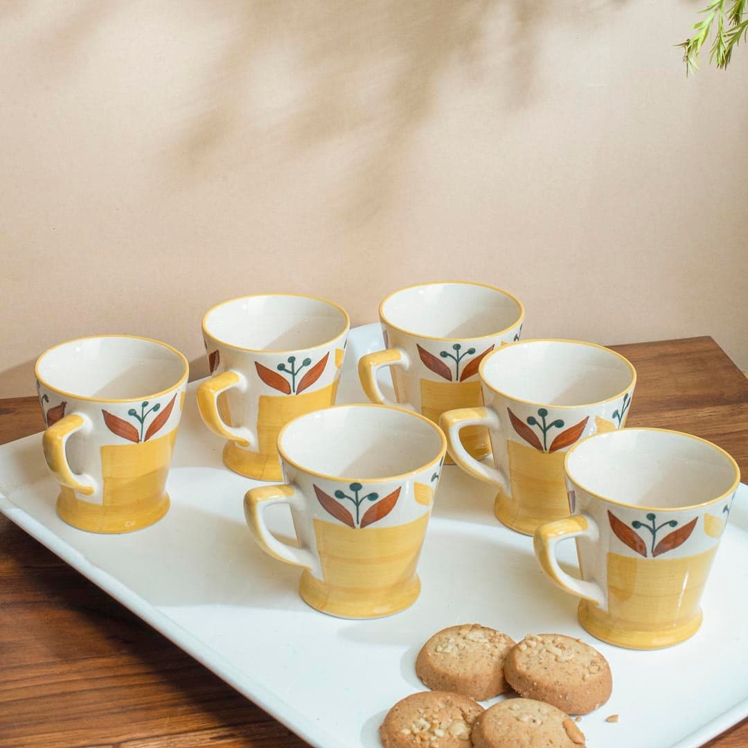 HINDUSTANI SAUDAGAR Mustard Bloom Tea Cup Set of 6(160 ML Each) Microwave Safe Coffee Cup Ceramic Tea Mug Set Handmade Cup Best for Gift.