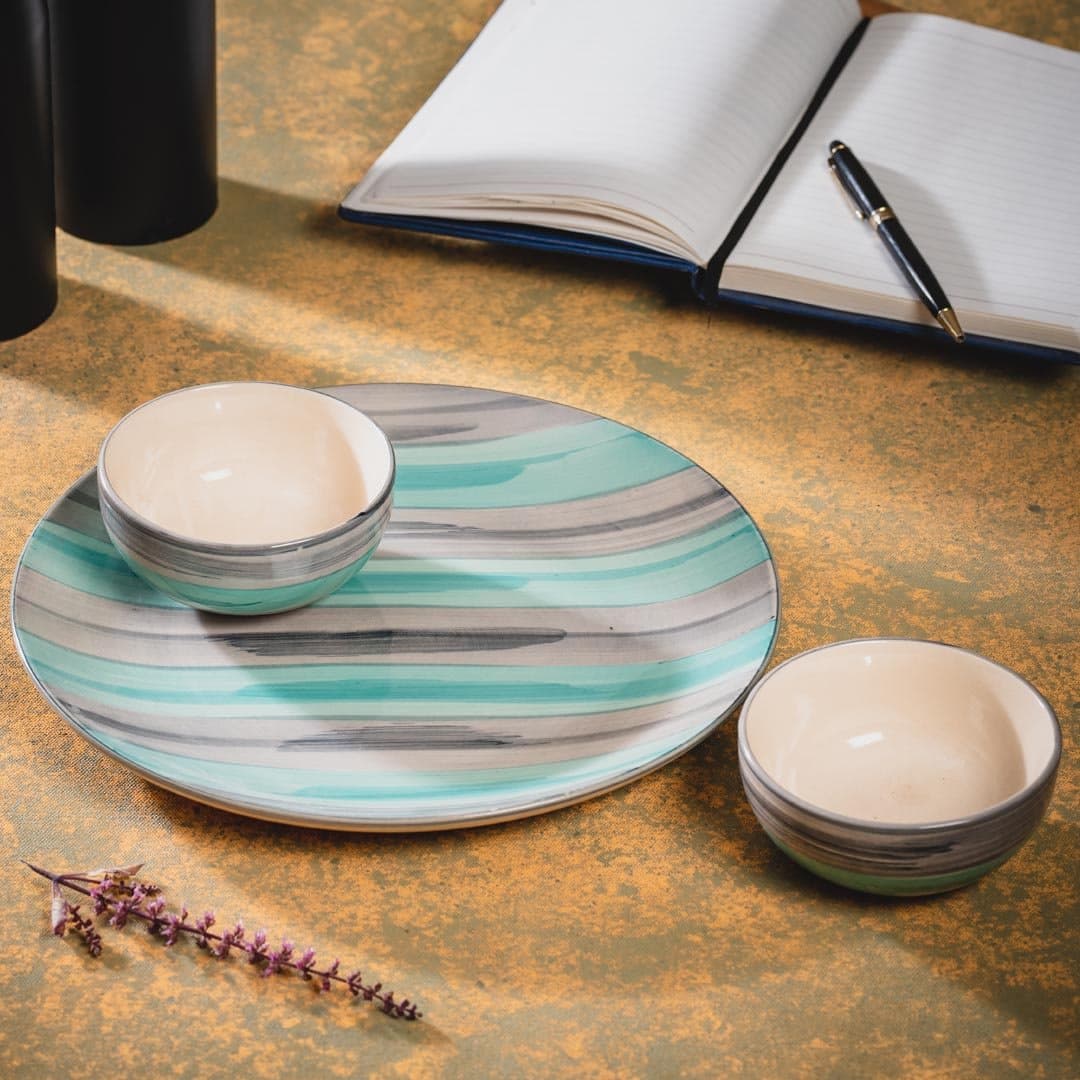 HS HINDUSTANI SAUDAGAR Ceramic Handpainted Mororcan Dinner Plate with Two Bowls ( 10 Inch Plate , 180 ml Bowl ) , Seagreen