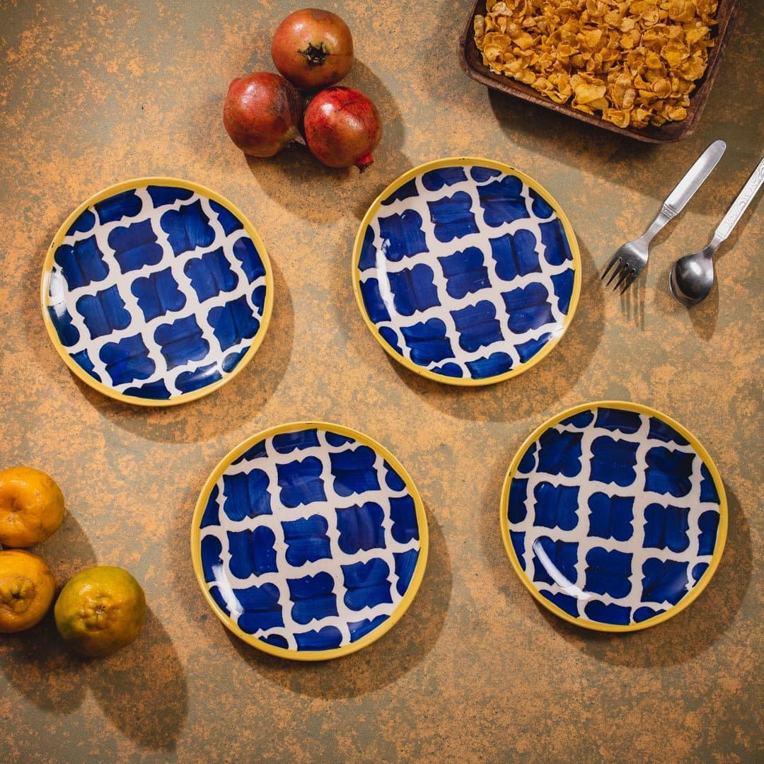 HS HINDUSTANI SAUDAGAR Ceramic Serving Designer Dinner Quarter Plates Set of 4 (Microwave and Dishwasher Safe), 7 Inch (Blue UMRAO)