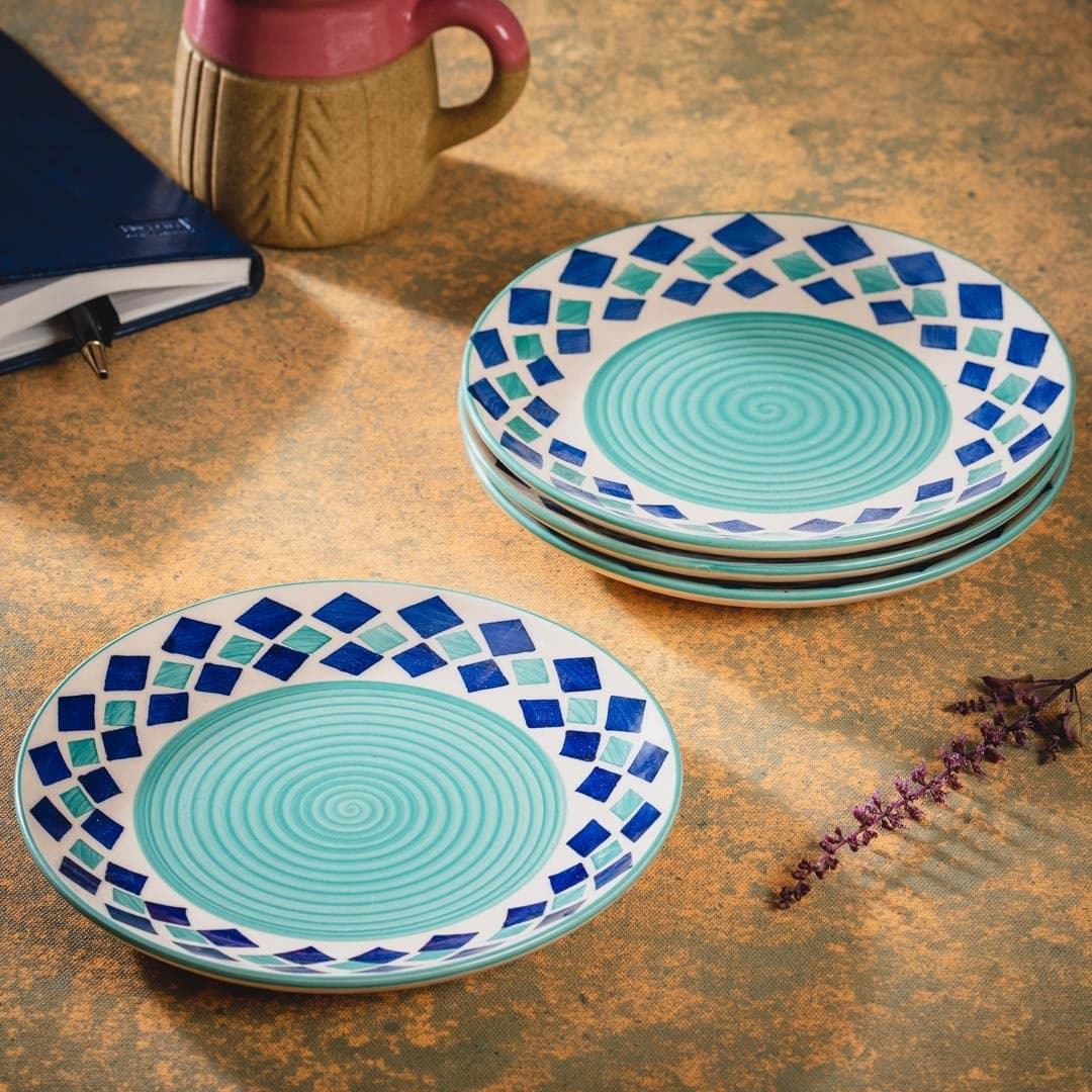 HS HINDUSTANI SAUDAGAR Ceramic Serving Designer Dinner Quarter Plates Set of 4 (Microwave and Dishwasher Safe), 7 Inch (Seagreen)