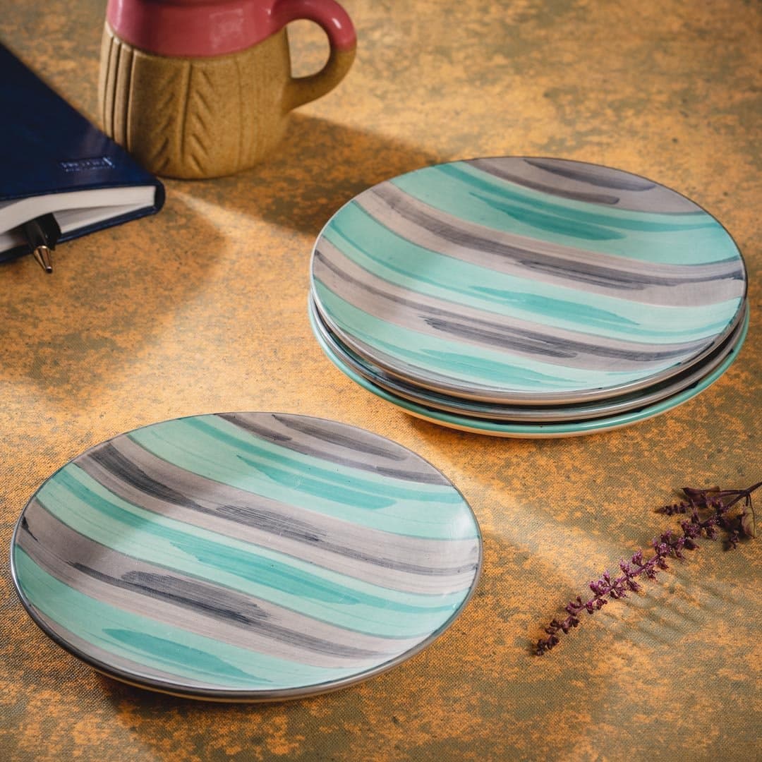 HS HINDUSTANI SAUDAGAR Ceramic Serving Designer Dinner Quarter Plates Set of 4 (Microwave and Dishwasher Safe), 7 Inch
