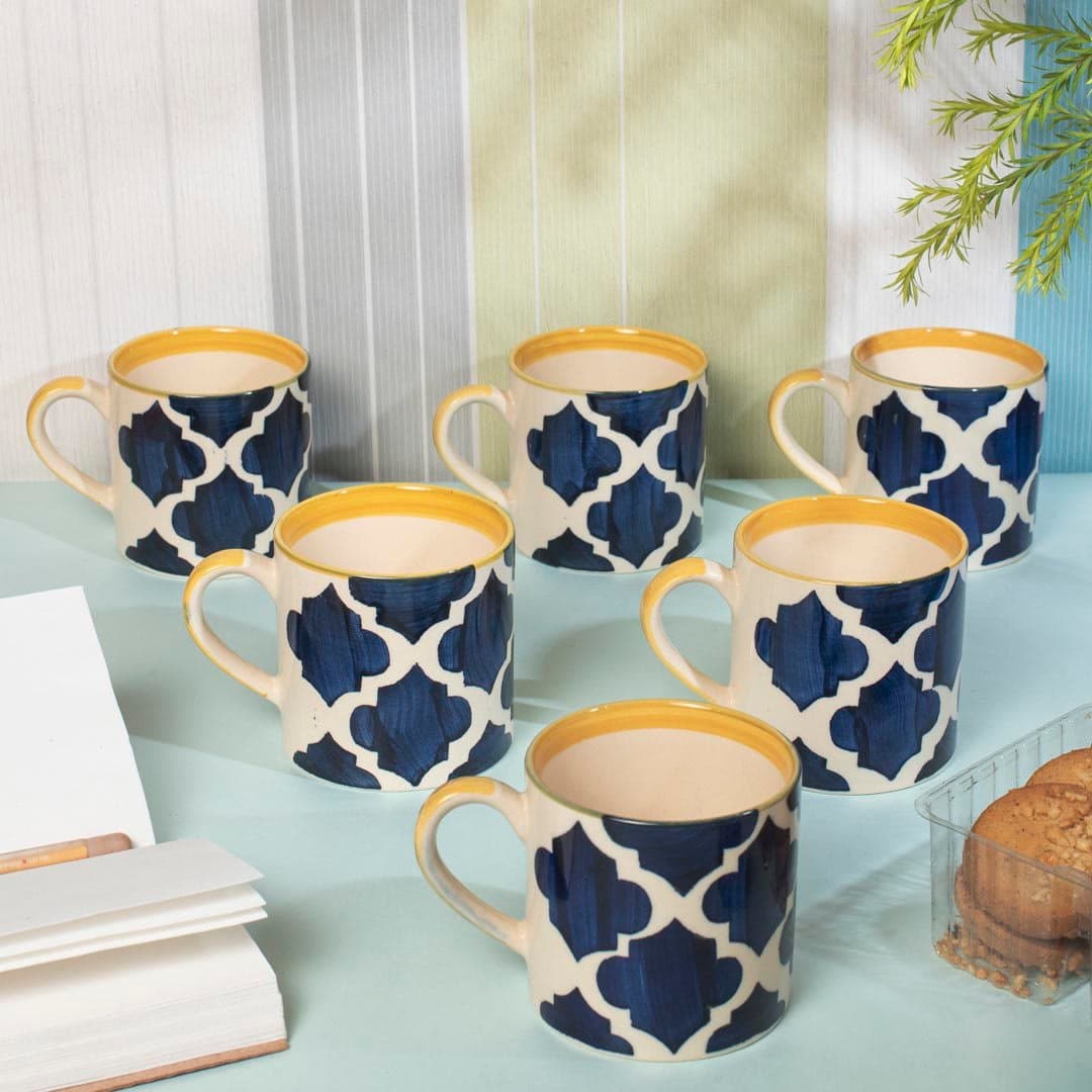 HINDUSTANI SAUDAGAR Blue Umrao Coffee Cup Set of 6(190 ML Each) Microwave Safe Coffee Mugs Ceramic Milk Mug Ceramic Tea Mug Set Handmade Cup Best for Gift.