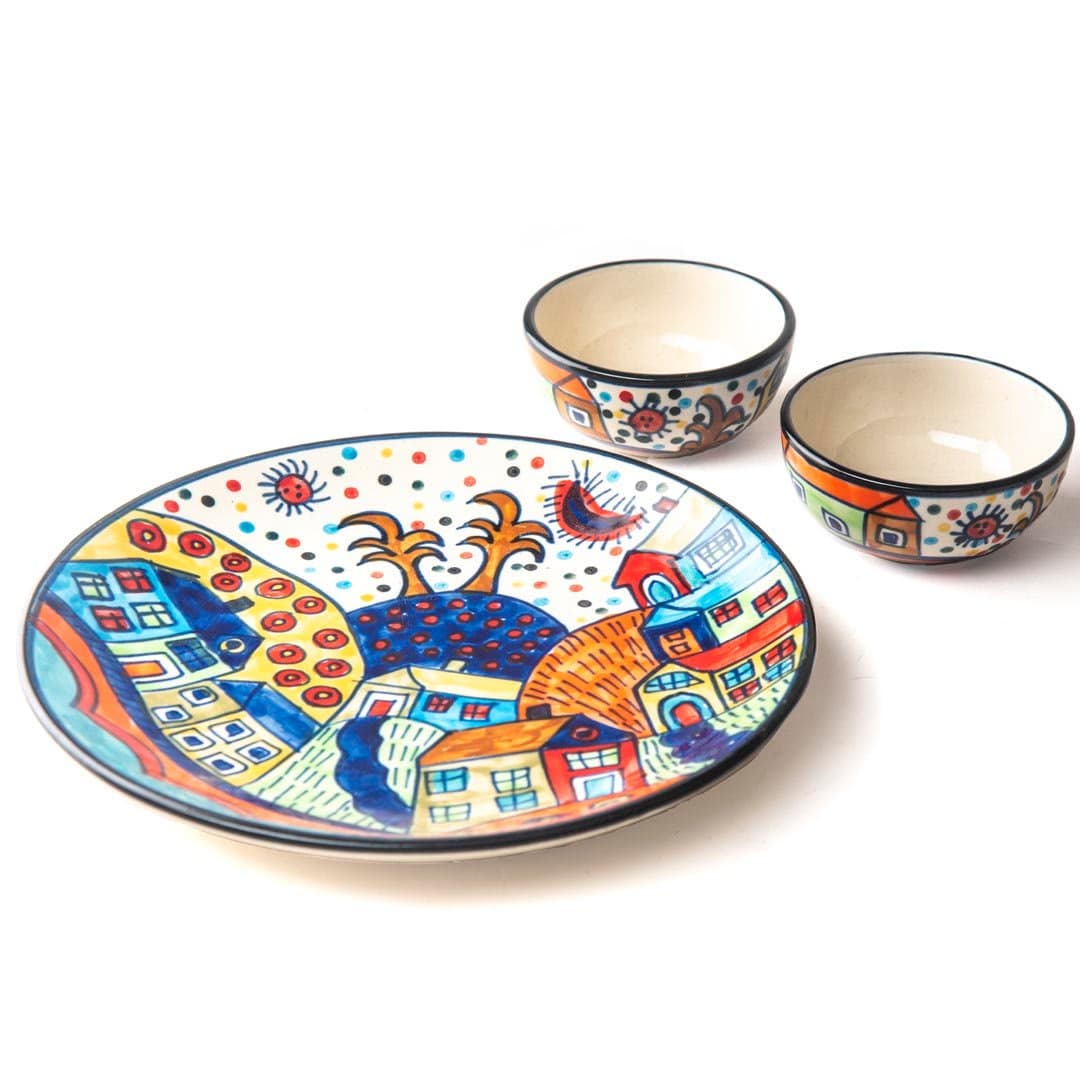 HS HINDUSTANI SAUDAGAR Ceramic Hand Painted Dishwasher & Microwave Safe 10 Inch Dinnerware Plate with 180 ml Two Bowls, Blue