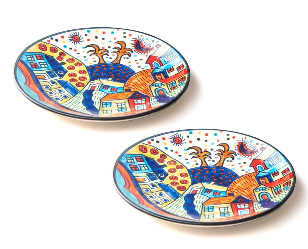 HS Hindustani Saudagar Handpainted Ceramic Hut Print Dinnerware Plate Set of 2 ( Dishwasher & Microwave Safe ,10 Inch Plate )