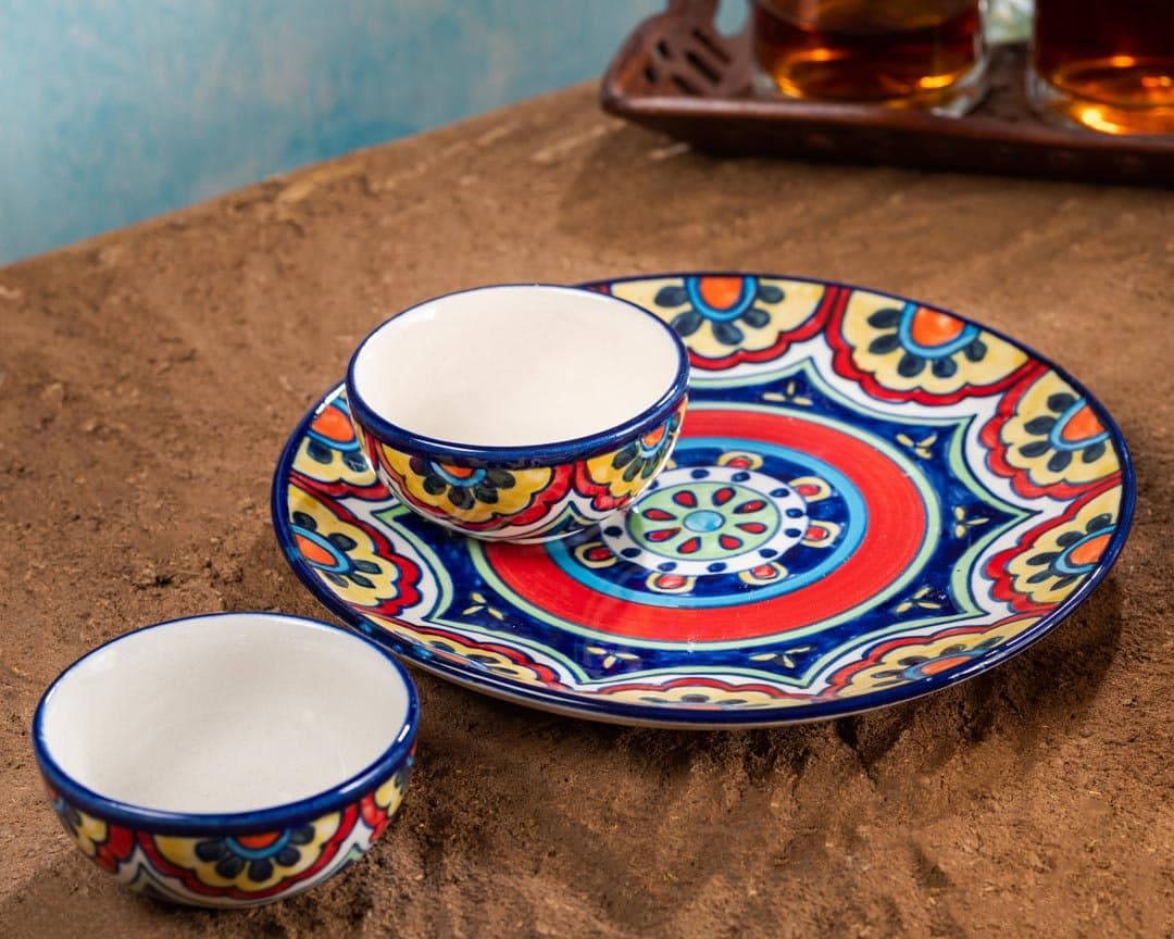 Hs Hindustani Saudagar Ceramic Handpainted Dinner/Serving Plate with Two Bowls (10 Inch Plate , 180 ml Bowl ) Red