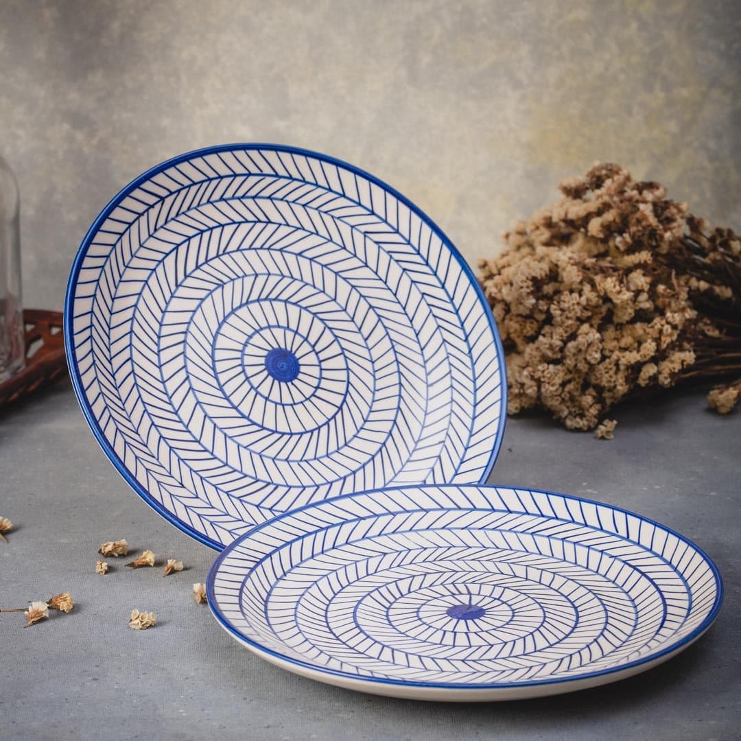 HS Hindustani Saudagar Handpainted Ceramic Handpainted Dinnerware Plate Set of 2 ( Dishwasher & Microwave Safe ,10 Inch Plate ) (Striped)