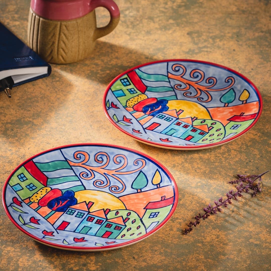 HS HINDUSTANI SAUDAGAR Ceramic Serving Designer Dinner Quarter Plates Set of 2 (Microwave and Dishwasher Safe), 7 Inch (Floral)