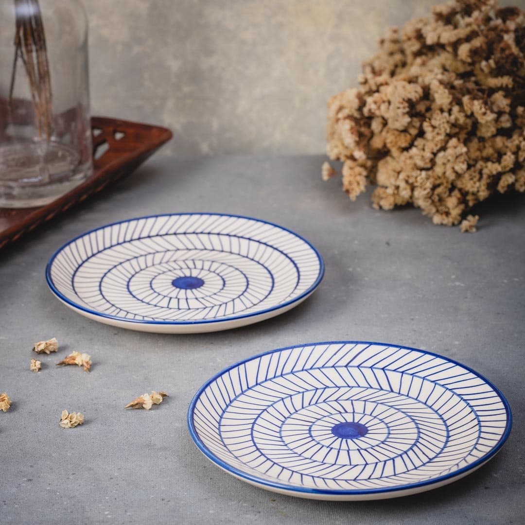HS HINDUSTANI SAUDAGAR Ceramic Serving Designer Dinner Quarter Plates Set of 2 (Microwave and Dishwasher Safe), 7 Inch (Striped)