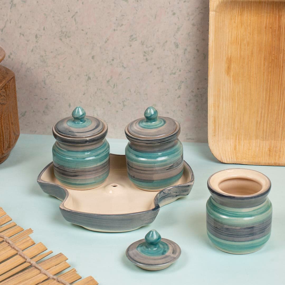 Green Ceramic Pickle Jars Set (3 Jars with 3 lids, 1 Tray) for Kitchen/Toothpick Holder/Dinning Table/Chatni/Pickle/Spices/Storage/Gifts 140ML