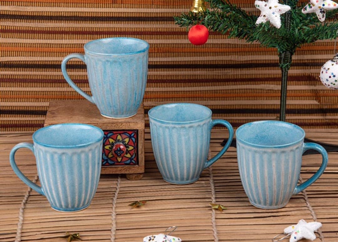 HINDUSTANI SAUDAGAR Ocean Mist Coffee Mug Set of 4 (350ML Each) Microwave Safe Coffee Mugs Ceramic Milk Mug Ceramic Tea Mug Set Handmade Cup Best for Gift.