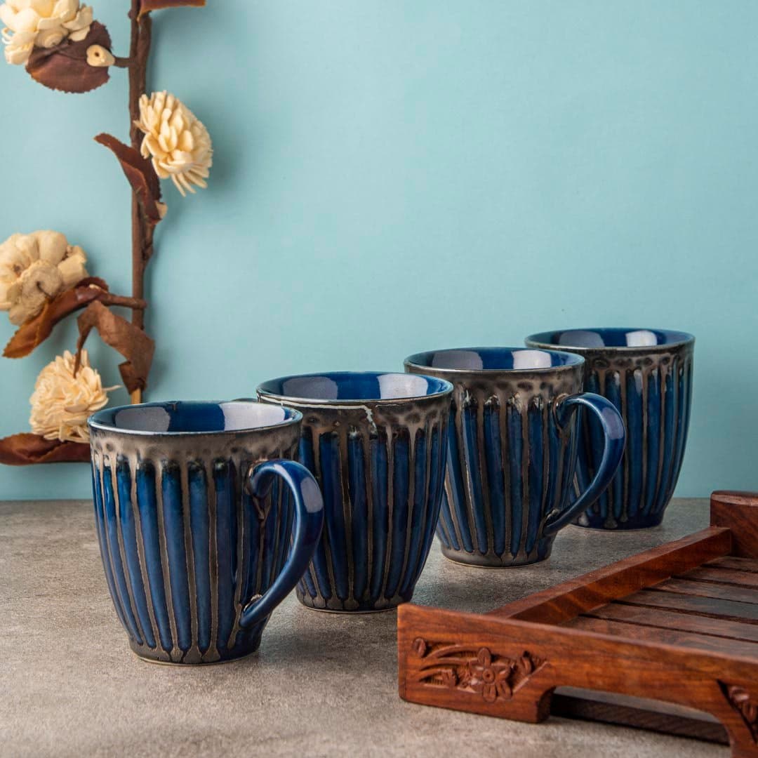 HINDUSTANI SAUDAGAR Midnight Ravine Coffee Mug Set of 4 (350 ML Each) Microwave Safe Coffee Mug Ceramic Milk Mugs Ceramic Tea Mug Set Handmade Cup Best for Gift.
