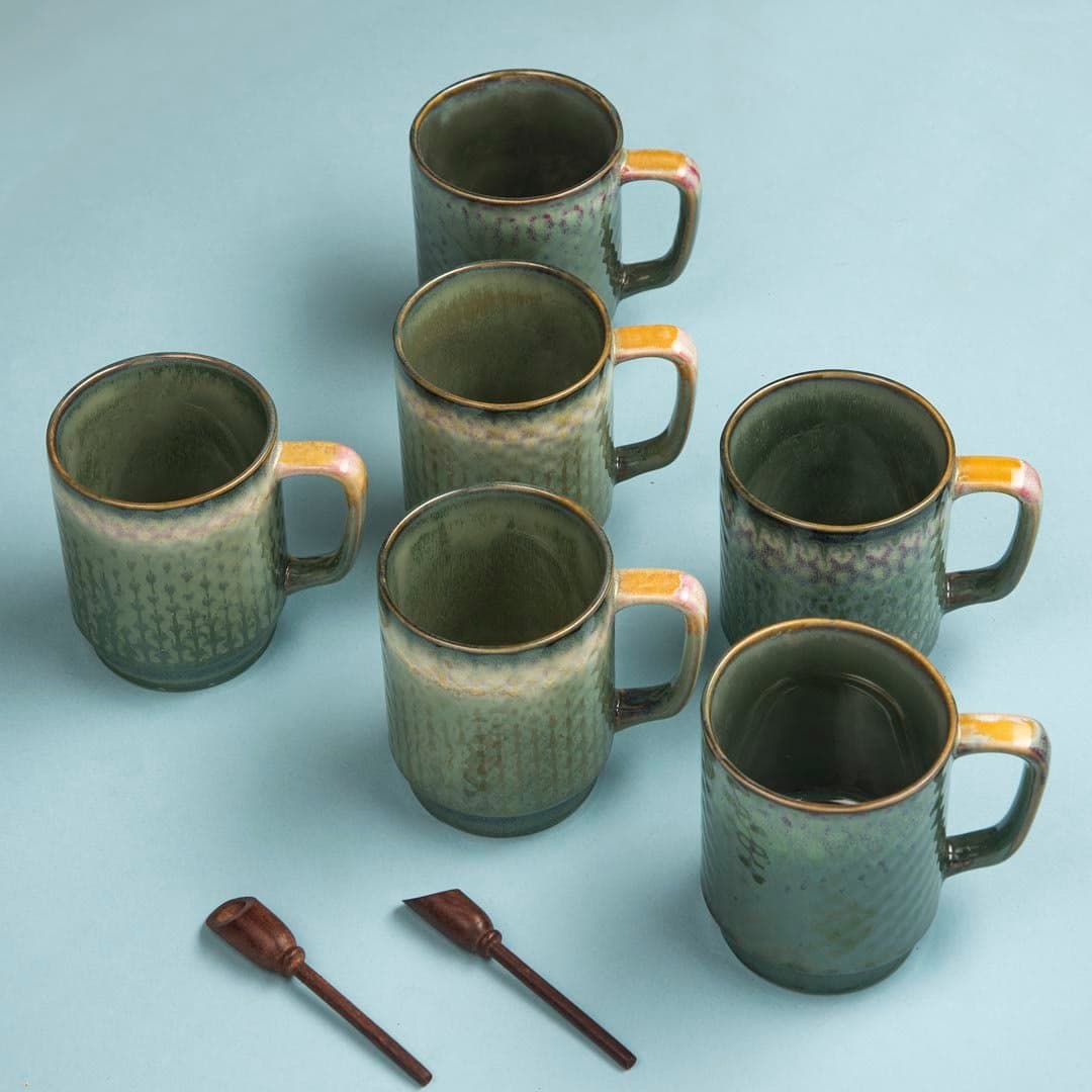 HS HINDUSTANI SAUDAGAR Ceramic Dual Glazed Studio Pottery Tea / Coffee Mug Set of 6 Green ( 230 ML , Microwave & Dishwasher Safe)