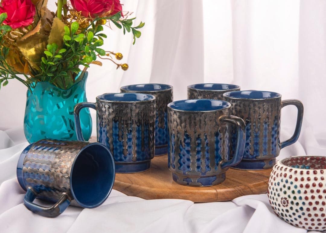 HS HINDUSTANI SAUDAGAR Ceramic Blue and Golden Dual Glazed Studio Pottery Tea / Coffee Mug Set of 6 Green ( 230 ML , Microwave & Dishwasher Safe)