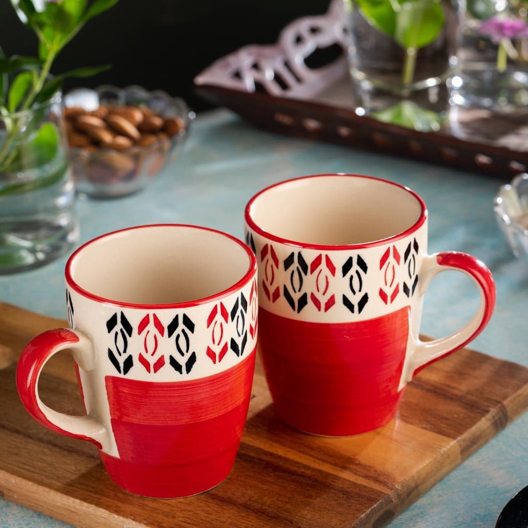HINDUSTANI SAUDAGAR Crimson Red Coffee Mug Set of 2 (275 ML Each) Microwave Safe Coffee Mug Ceramic Milk Mugs Ceramic Tea Mug Set Handmade Cup Best for Gift.