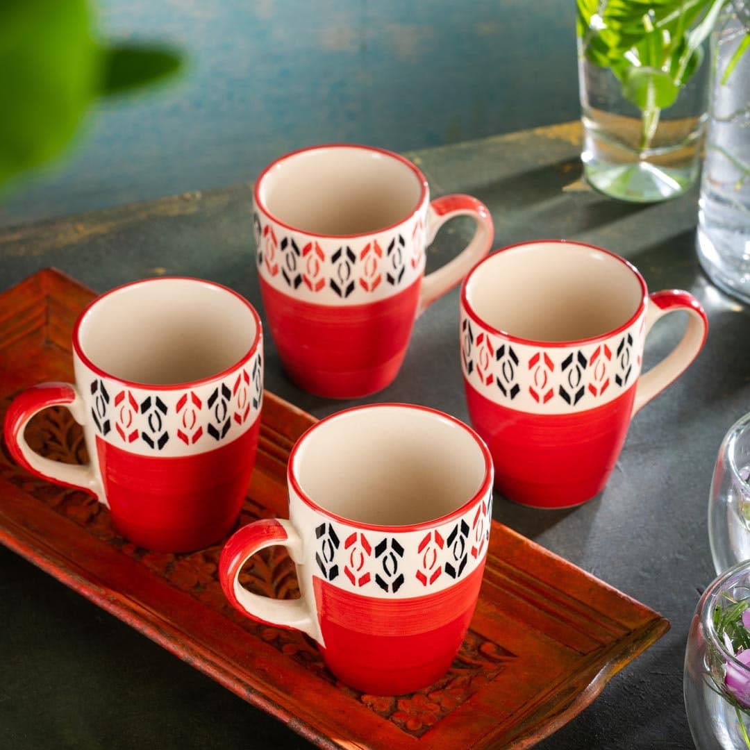 HINDUSTANI SAUDAGAR Crimson Red Coffee Mug Set of 4 (275 ML Each) Microwave Safe Coffee Mugs Ceramic Milk Mug Ceramic Tea Mug Set Handmade Cup Best for Gift.