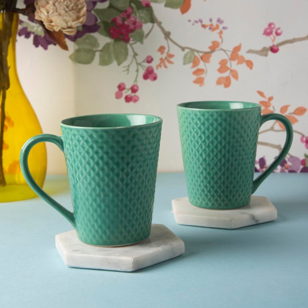 Hs Hindustani Saudagar Handcrafted Ceramic Studio Pottery Tea / Coffee Mug Set of 2, 300 ML ( Green )