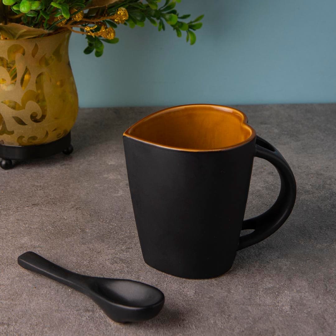 HINDUSTANI SAUDAGAR Black Heart Shape Coffee Mug Set of 1 (330 ML Each) Microwave Safe Coffee Mug Ceramic Milk Mugs Ceramic Tea Mug Set Handmade Cup Best for Gift.
