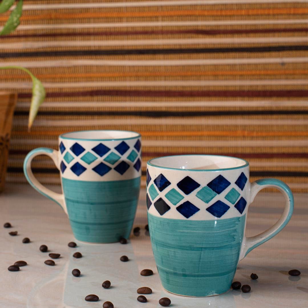 HINDUSTANI SAUDAGAR Aqua Blossom Coffee Mug Set of 2 (275 ML Each) Microwave Safe Coffee Mug Ceramic Green Milk Mugs Ceramic Tea Mug Set Handmade Cup Best for Gift.