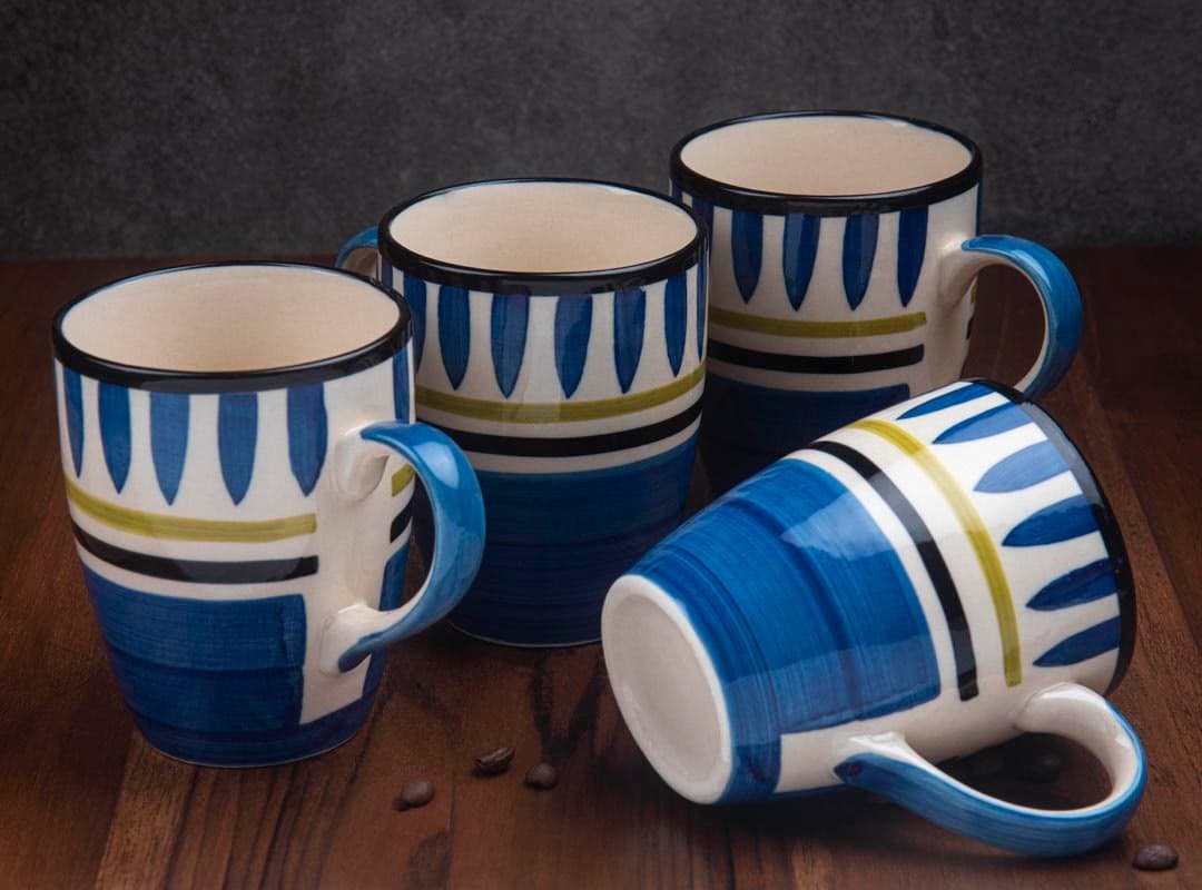 HINDUSTANI SAUDAGAR Royal Indigo Coffee Mug Set of 4 (275 ML Each) Microwave Safe Coffee Mugs Ceramic Milk Mug Ceramic Tea Mug Set Handmade Cup Best for Gift.