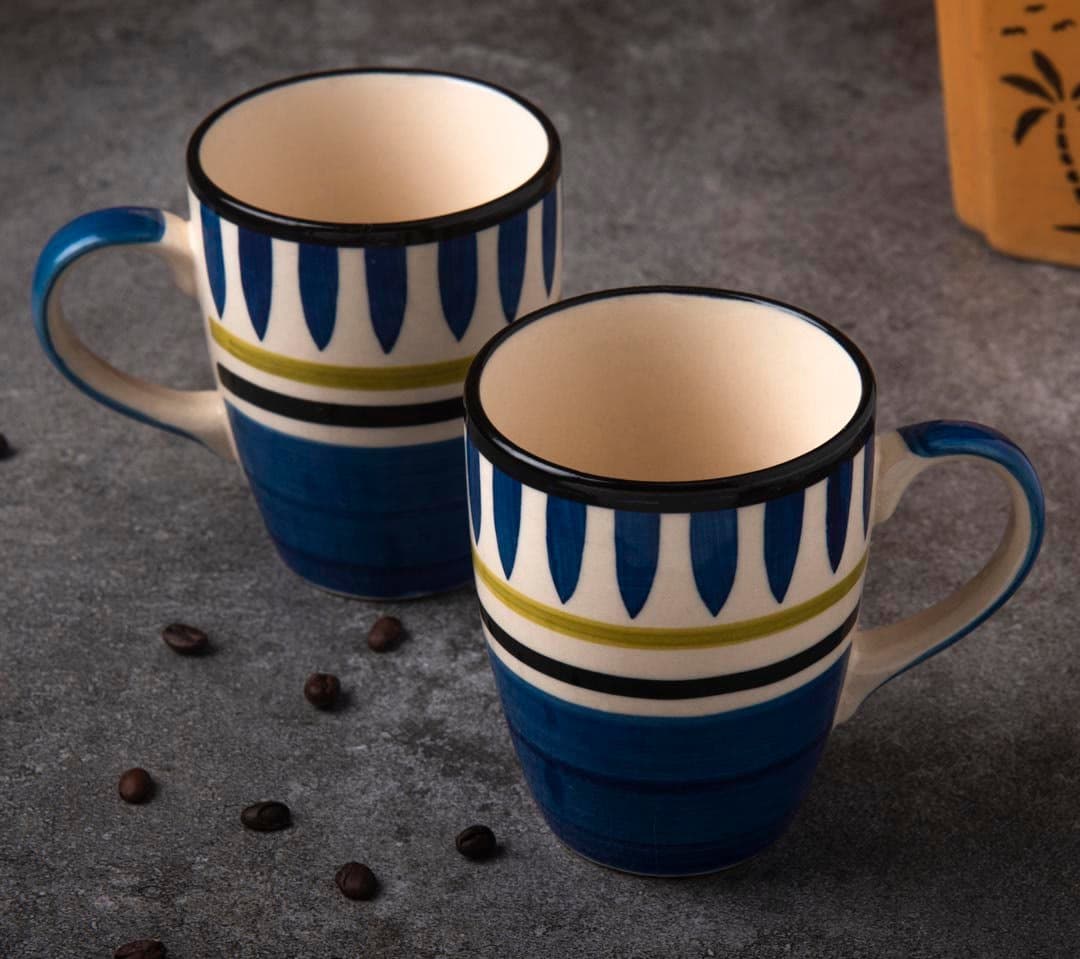 HINDUSTANI SAUDAGAR Royal Indigo Coffee Mug Set of 2 (275 ML Each) Microwave Safe Coffee Mugs Ceramic Milk Mug Ceramic Tea Mug Set Handmade Cup Best for Gift.