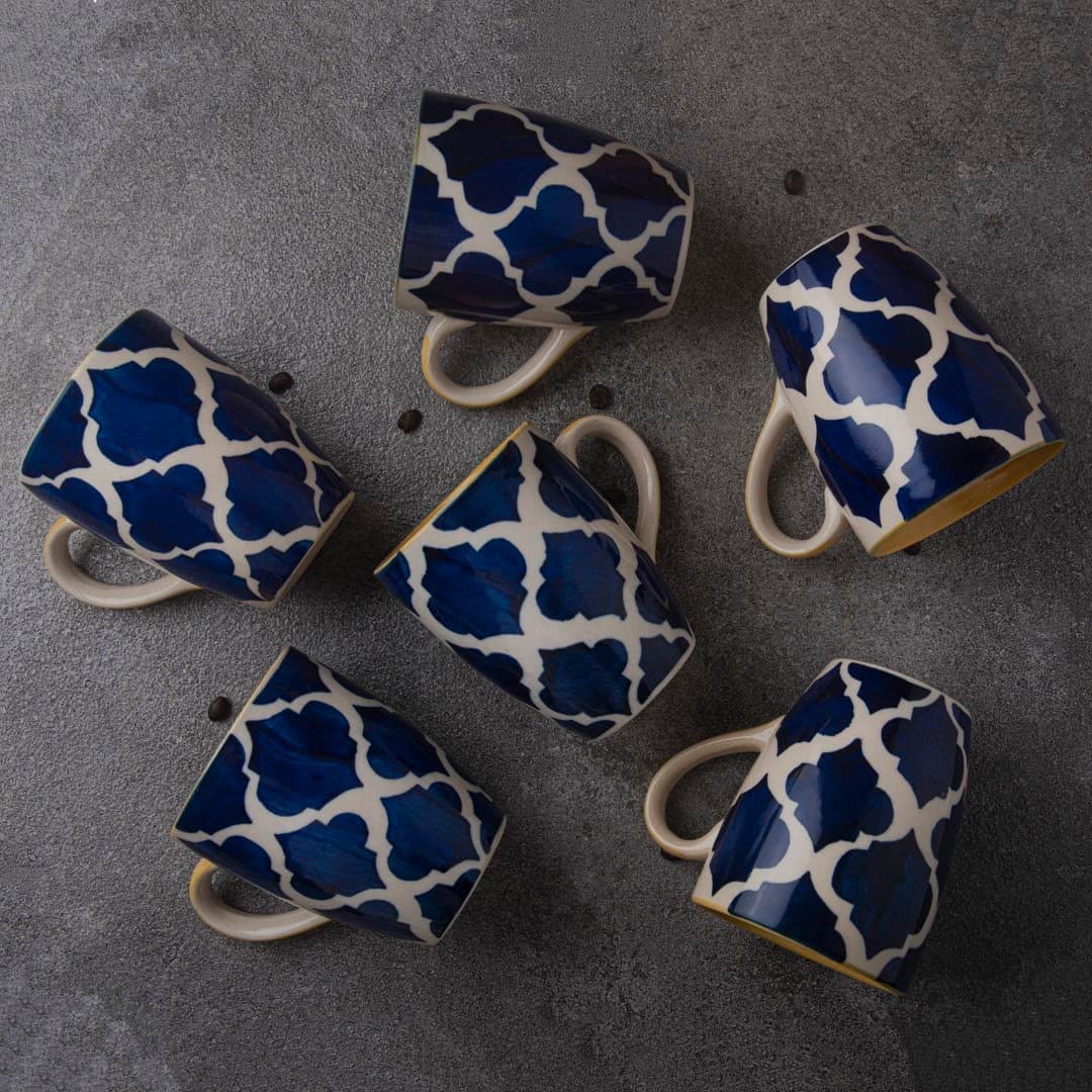 HINDUSTANI SAUDAGAR Blue Umrao Coffee Mug Set of 6 (275 ML Each) Microwave Safe Coffee Mugs Ceramic Milk Mug Ceramic Tea Mug Set Handmade Cup Best for Gift