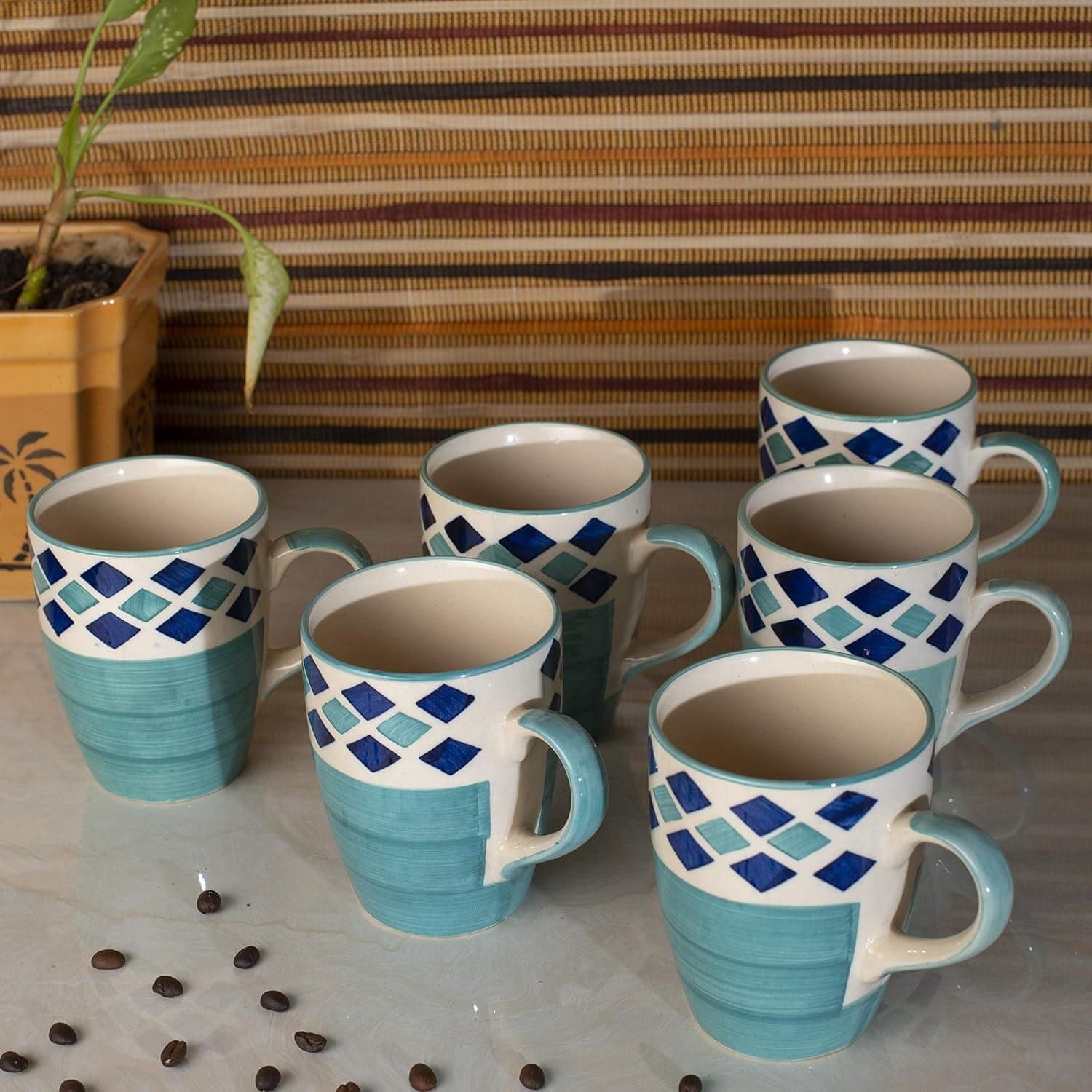 HINDUSTANI SAUDAGAR Aqua Blossom Coffee Mug Set of 6 (275 ML Each) Microwave Safe Coffee Mugs Ceramic Milk Mug Ceramic Tea Mug Set Handmade Cup Best for Gift