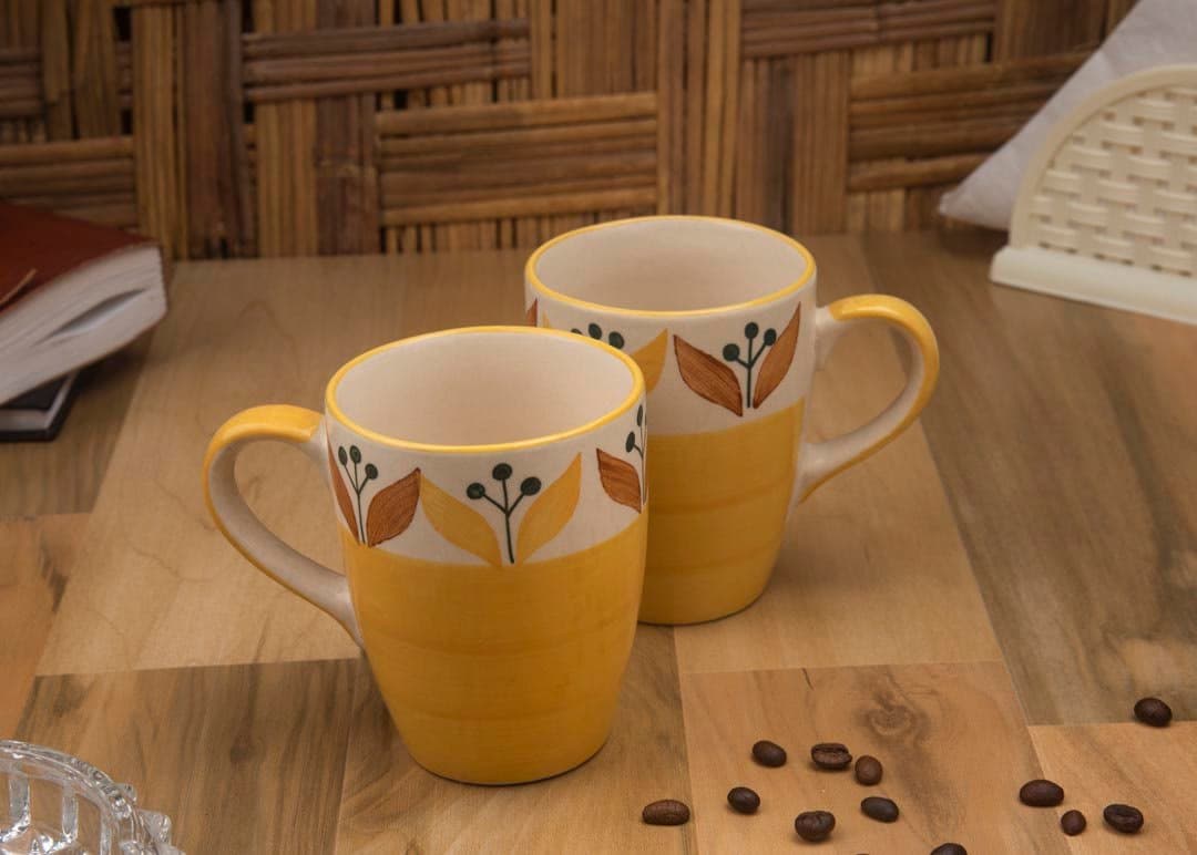 HS Hindustani Saudagar Mustered Leaf Handpainted Ceramic Tea/Coffee Mug, Yellow, Set of 2, 275Ml