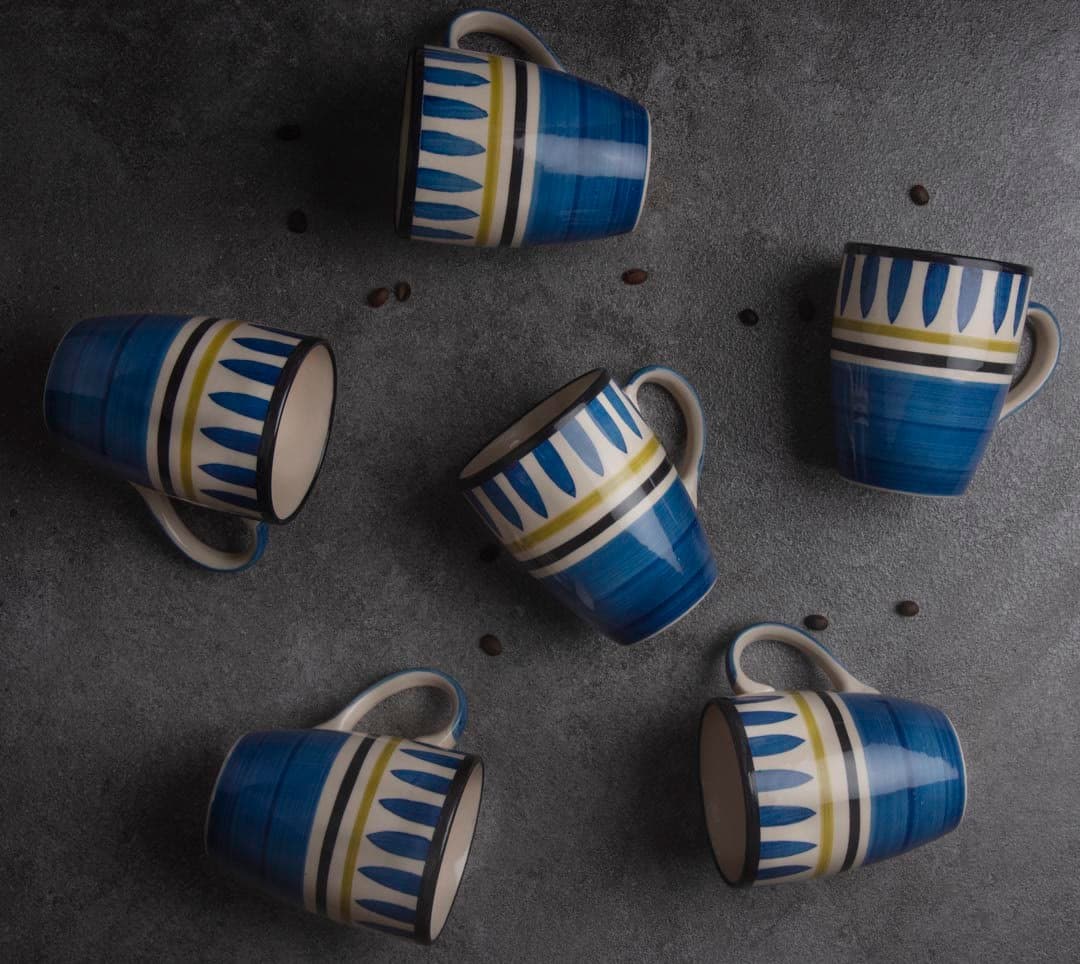 HS HINDUSTANI SAUDAGAR Microwave Safe Hand Painted Ceramic Tea Cup/Coffee Mug Stylish Design with Ergonomic Handles for Ease of Use, Set of 6