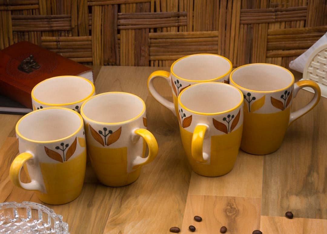 HS HINDUSTANI SAUDAGAR Ceramic Tea Cup/Coffee Mug - 6 Pieces, Yellow, 275 ml
