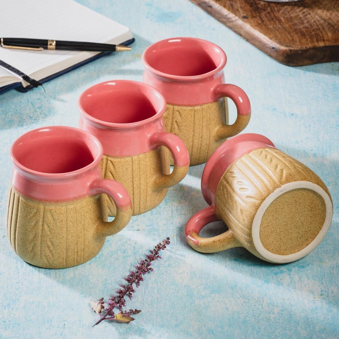HS HINDUSTANI SAUDAGAR Ceramic Dual Glazed Studio Pottery Pink & Yellow Tea / Coffee Mug Set of 4 ( 260 ML , Microwave & Dishwasher Safe)