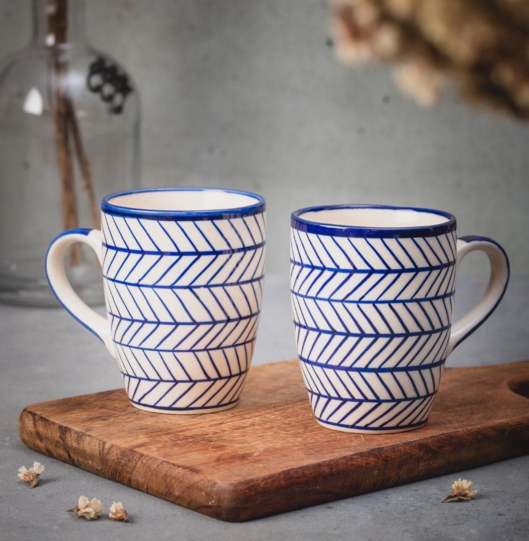 HS HINDUSTANI SAUDAGAR Handpainted Indigo Striped Coffee Mug Set o 2 , 275 Ml