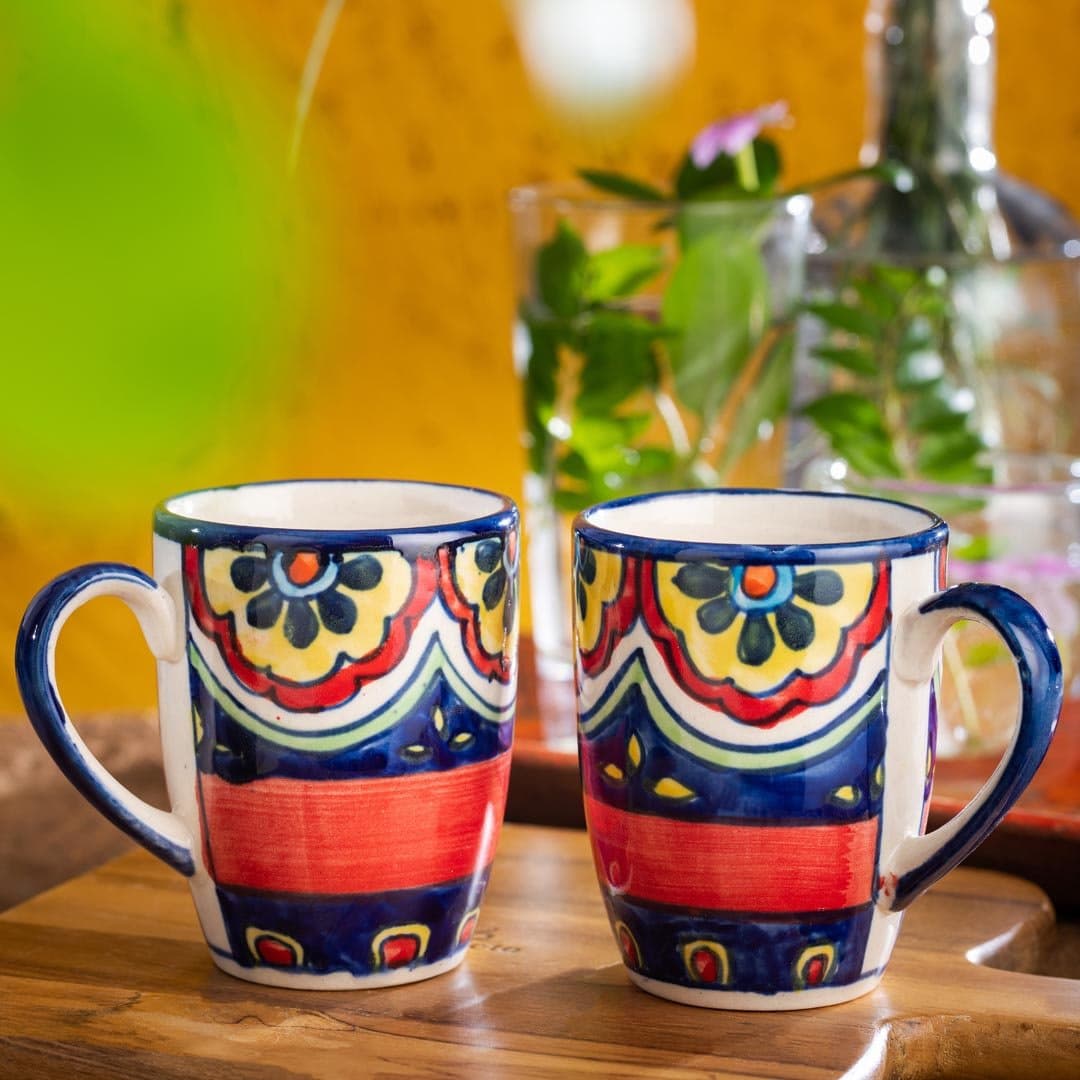 HS Hindustani Saudagar Hand Painted Ceramic Multicoloured Coffee Mug Set of 2 , 270Ml