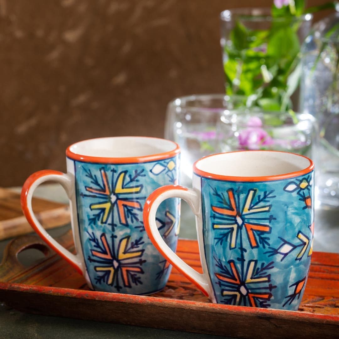HS HINDUSTANI SAUDAGAR Hand Painted Ceramic Coffee Mug Set of 2 , (270 ml, Multicolour)