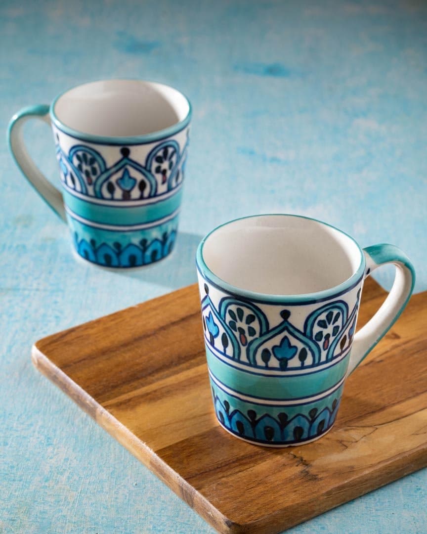 HS HINDUSTANI SAUDAGAR Hand Painted Ceramic Tea and Coffee Mug - 2 Pieces (Green) 350 Ml