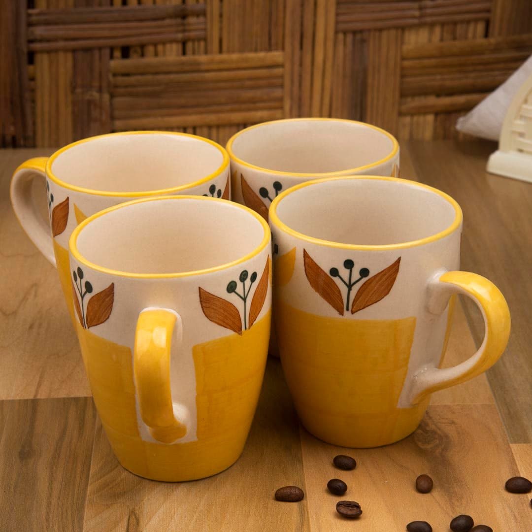 HS Hindustani Saudagar Microwave Safe Handmade Ceramic Tea Cup / Coffee Mug Stylish Design with Ergonomic Handles for Ease of Use Color Yellow and White, Set of 4