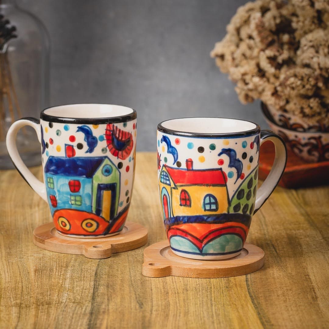 HS HINDUSTANI SAUDAGAR Ceramic Hut Handpainted Tea and Coffee Mug ( Micriowave & Dishwashersafe ) Set of 2 ,270 ml