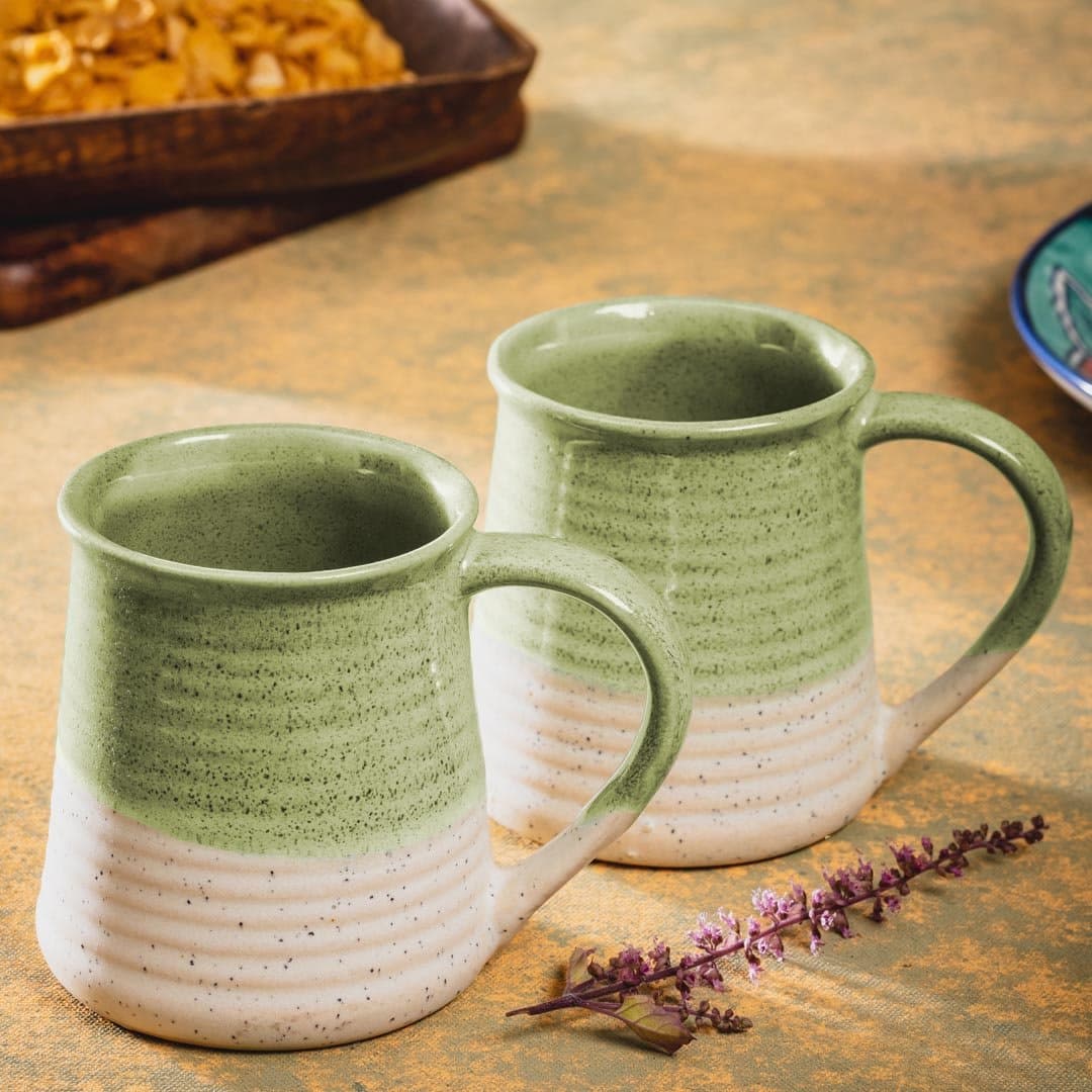 HS HINDUSTANI SAUDAGAR Ceramic Handcrafted Dual Glazed Sea Green Studio Pottery Glossy with Mat Finish on Bottom Tea / Coffee Mug Set of 2 ( 320 ML , Microwave & Dishwasher Safe)
