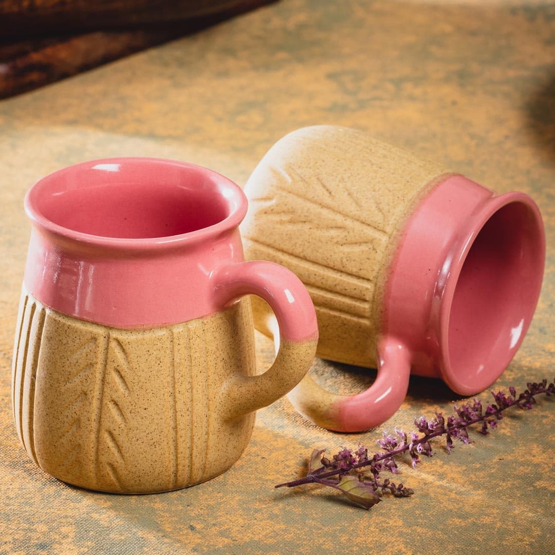 HS HINDUSTANI SAUDAGAR Ceramic Handcarved Dual Glazed Studio Pottery Pink & Yellow Tea / Coffee Mug Set of 2 ( 260 ML , Microwave & Dishwasher Safe)