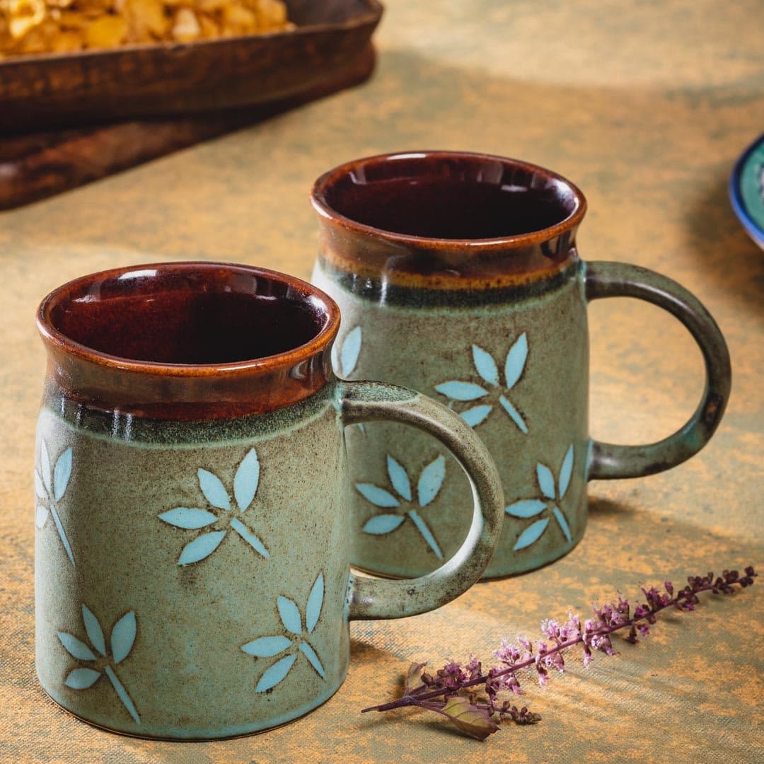 HS HINDUSTANI SAUDAGAR Ceramic Handglazed Ceramic Leaf Design Tea / Coffee Mug Set of 2 ( 400 ML, Microwave & Dishwasher Safe)