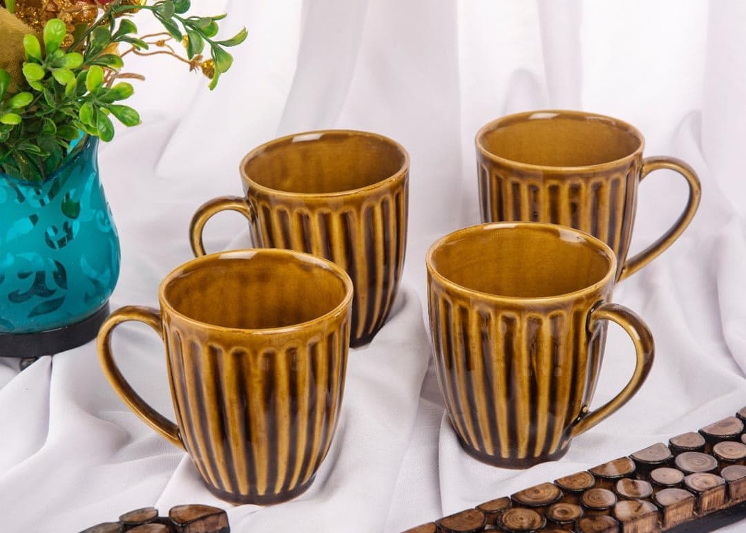 HS HINDUSTANI SAUDAGAR Ceramic Handcrafted Dual Glazed Studio Pottery Tea / Coffee Mug Set of 4 ( 350 ML , Microwave & Dishwasher Safe)