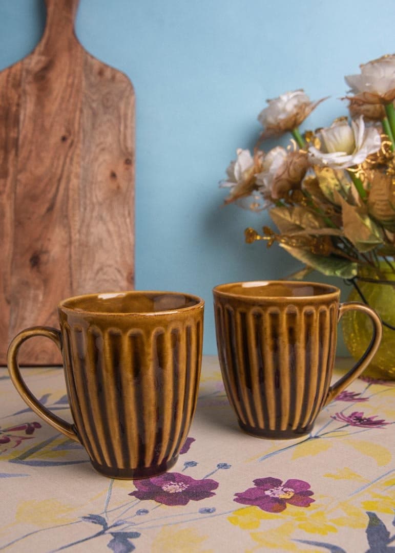 HS HINDUSTANI SAUDAGAR Ceramic Handcrafted Coffee Colour Glazed Studio Pottery Tea / Coffee Mug Set of 2 ( 350 ML , Microwave & Dishwasher Safe)