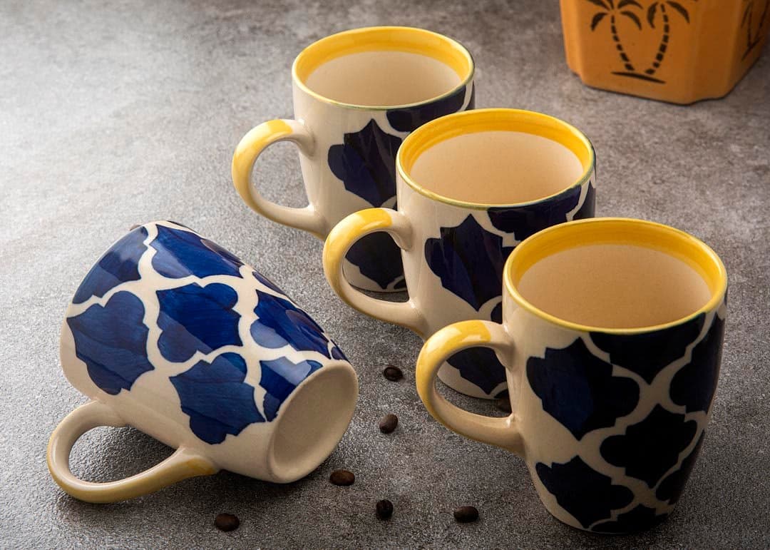 HS HINDUSTANI SAUDAGAR Blue Umrao Coffee Mug Set of 4 (275 ML Each) Microwave Safe Coffee Mugs Ceramic Milk Mug Ceramic Tea Mug Set Handmade Cup Best for Gift.