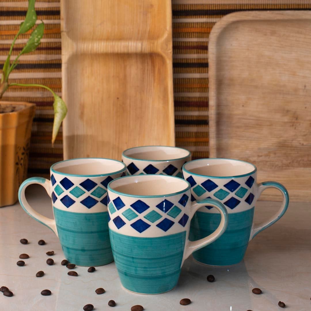HS HINDUSTANI SAUDAGAR Microwave Safe Handmade Ceramic Tea Cup/Coffee Mug Stylish Design with Ergonomic Handles for Ease of Use Color Green, Set of 4