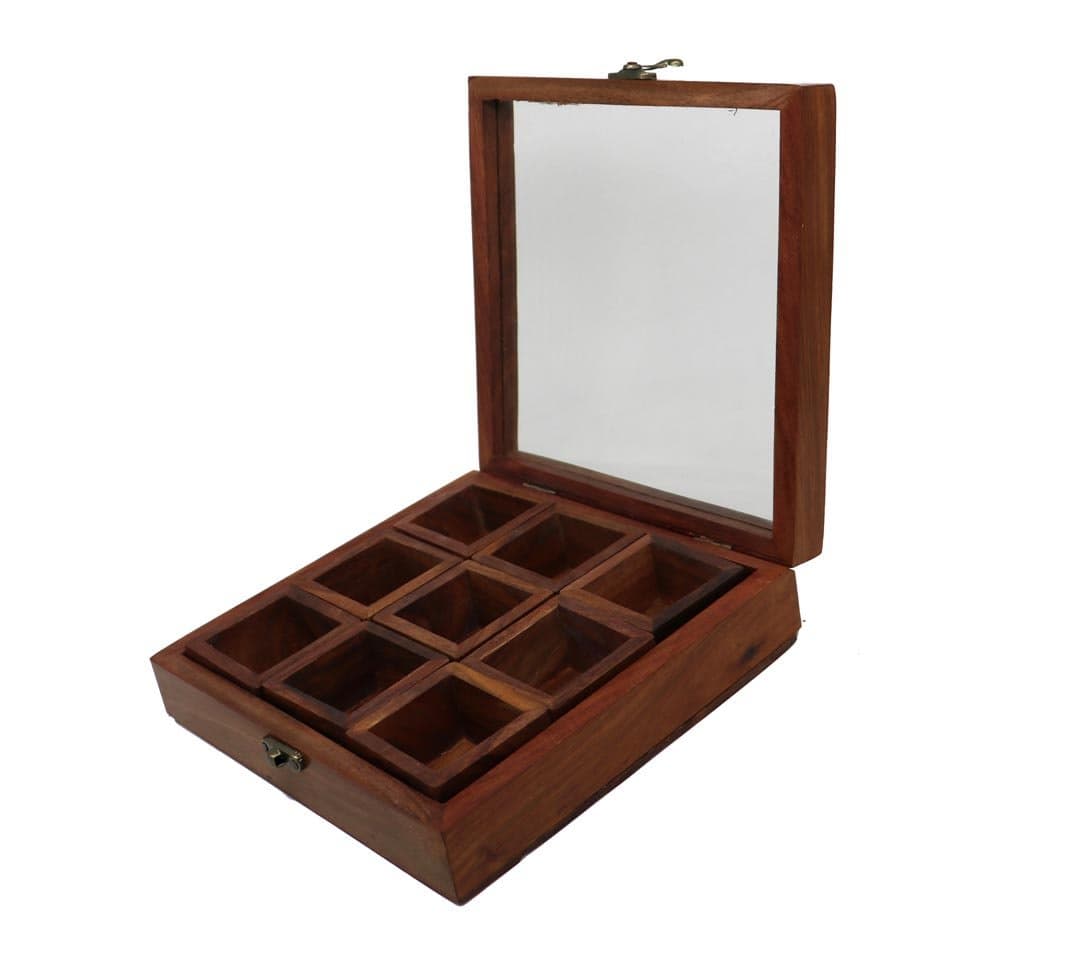HS Hindustani Saudagar Sheesham Wood Spice Box with 9 partitions and spoon for Kitchen | Spice Container for Kitchen Wooden Masala Box