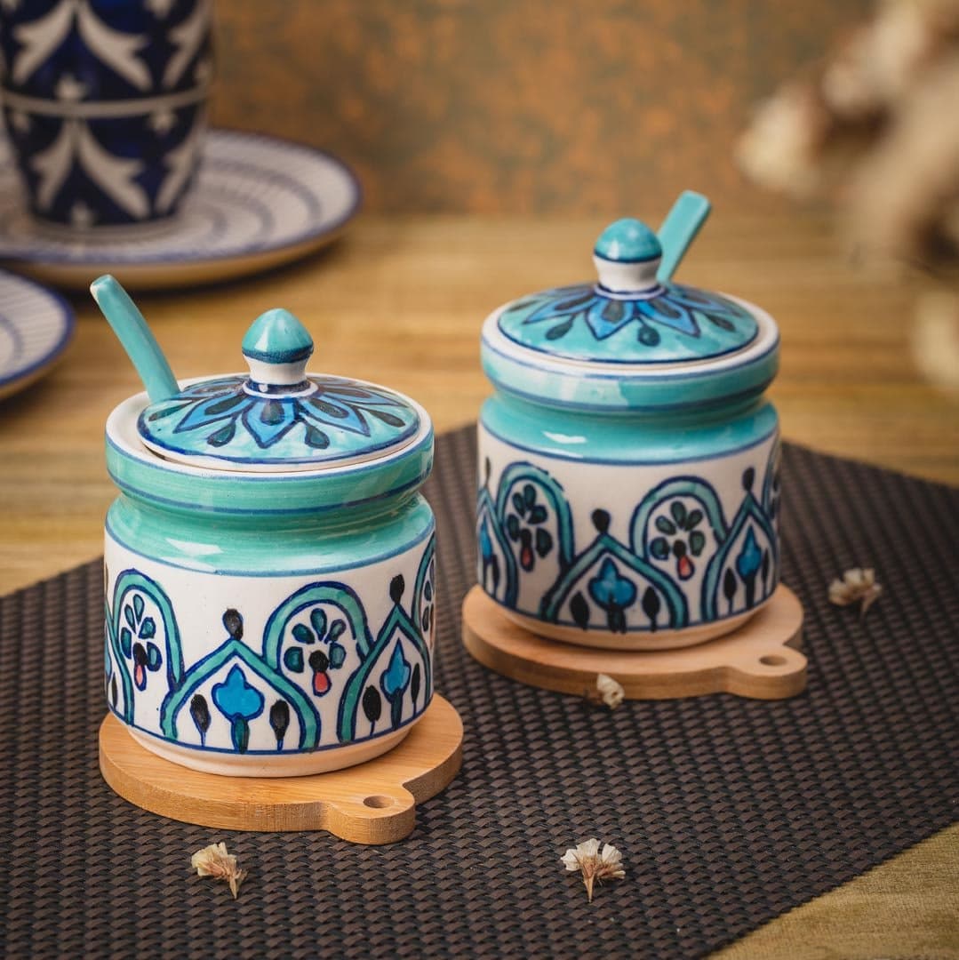 HINDUSTANI SAUDAGAR Mughal Mist Ceramic Pickle Jar Set Of 2(300 ml Each) Multipurpose Container Salt Sugar Spices Ceramic Jar with Lid Chutney Jar Dining Table Ideal For kitchen storage Gifting