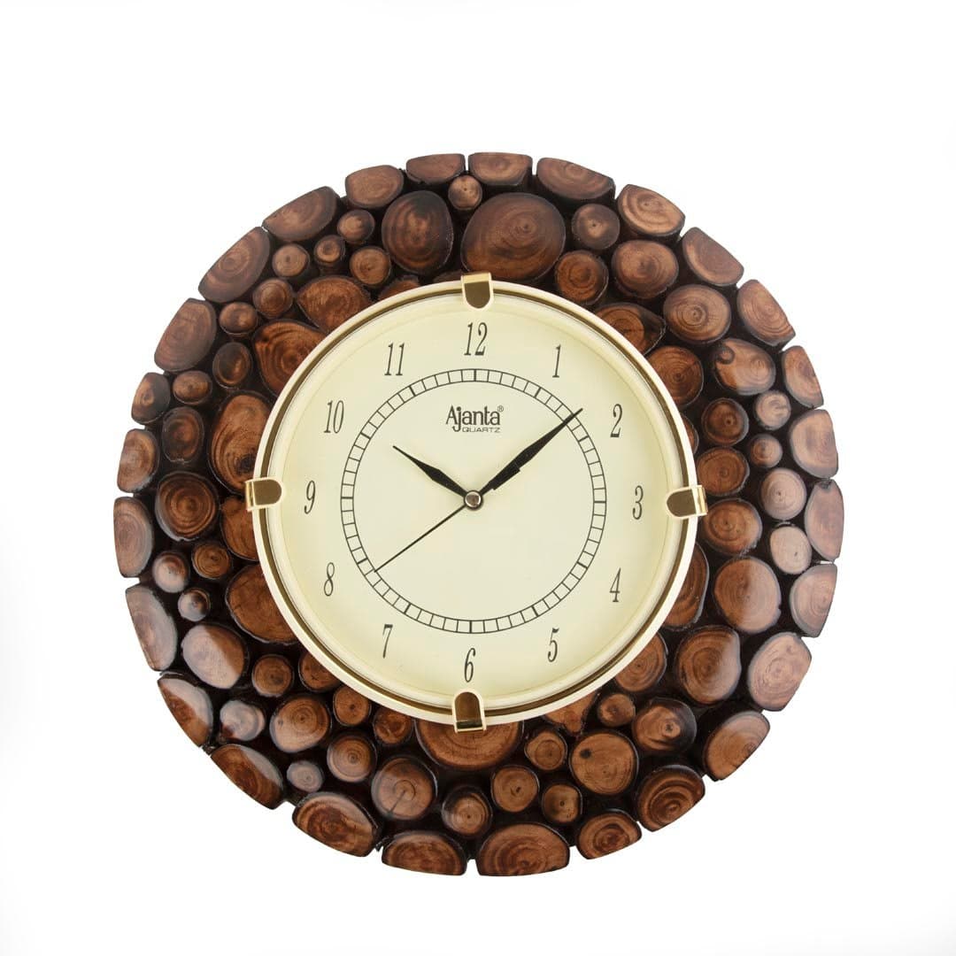 HS HINDUSTANI SAUDAGAR Abstract Stylish Wooden Round Shape Hanging Antique Bamboo Finish 12 inch Dia with Wood Designer Vintage Wall Clock for Any Occasion, Brown