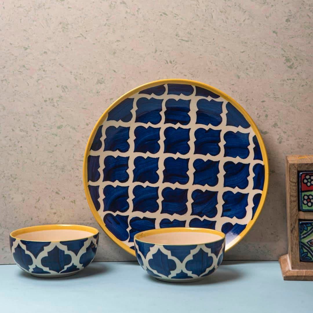 HS HINDUSTANI SAUDAGAR Ceramic Plate & Bowl Set - 3 Pieces , Multicolor
